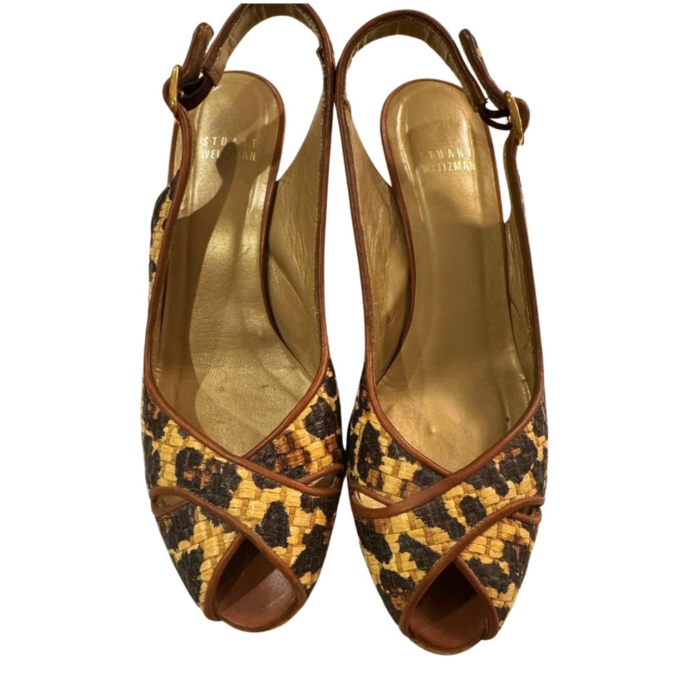 Stuart Weitzman Woven Cheetah Slings Peep Toe Cork Wedge Heels Sz 8